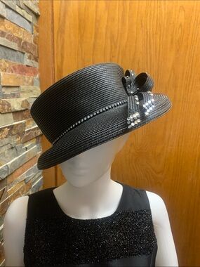 Mr Song fancy church derby Black Women's Dress Hat with Rhinestone Bow Accent